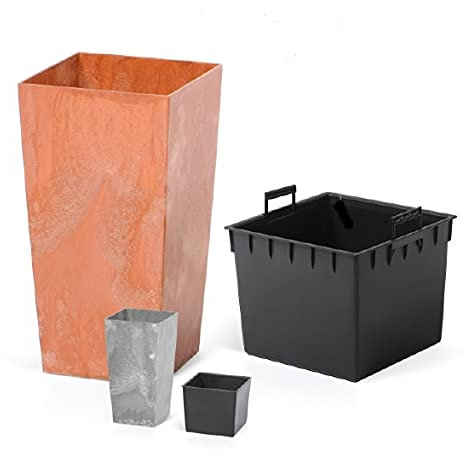 Blumenkübel Blumentopf Pflanzkübel Übertopf Quadrat Beton-Optik mit Einsatz Pflanztopf Beton Struktur (Höhe 26,5cm, Grau)