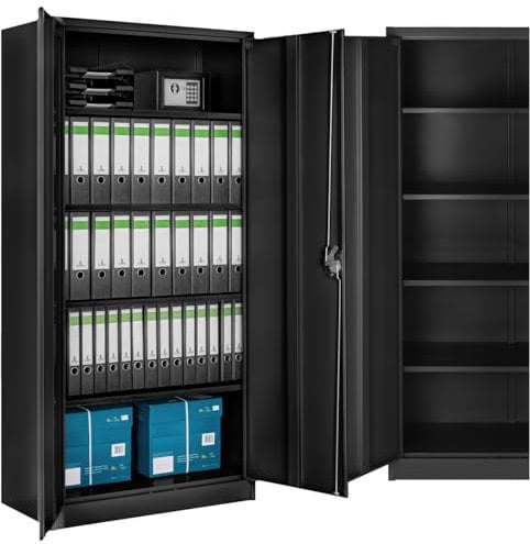 TecTake® Armario Archivador Oficina en Acero, Armario Exterior e Interior con Cerradura, Armario Multiusos con 2 Puertas, 4 Estantes Ajustables y 5 Alturas, Fácil Montaje, 180x90x40 cm - Negro