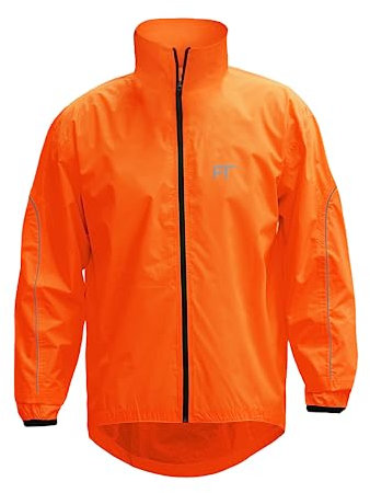 FT Fashion Track Veste de pluie imperméable pour homme, haute visibilité, légère, coupe-vent et réfléchissante avec poche arrière, Orange, M