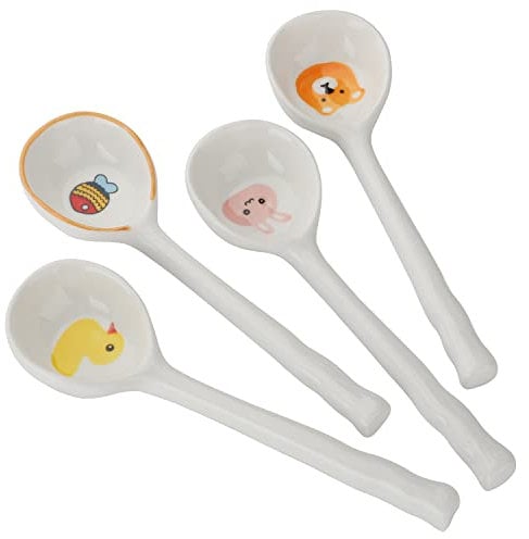 Evannt Ceramic Soup Spoons Set of 4 Korean Animal Pattern Multicolor Handmade Painted Ramen Pho Soup Spoons