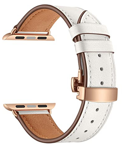 Correa de cuero para Apple Watch Band 45mm 44mm 42mm 49mm Correa de cuero genuino Pulsera de repuesto para iwatch Ultra Series 8 7 6 SE 5 4 3 2 1, Botón Rosa Blanco