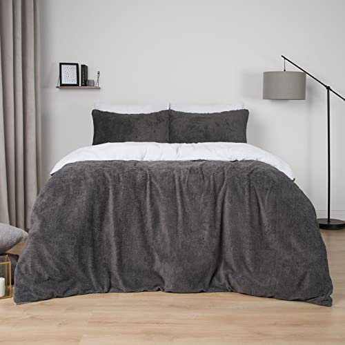 Brentfords Reversible Teddy Fleece Duvet Cover with Pillow Case Supersoft Fluffy Thermal Warm Soft Bear Bedding Set, Charcoal White - Double