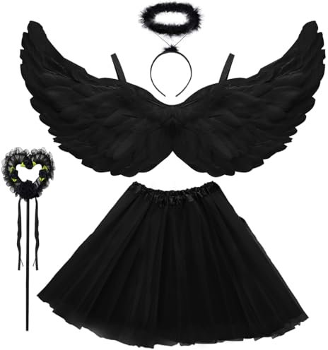 Disfraz de ángel para mujer, negro, falda de TUTU, vuelos de ángel, aureola y varita, alas de ángel, decoración de alas negras y falda de TUTU, disfraces de Halloween, cosplay, niños adultos