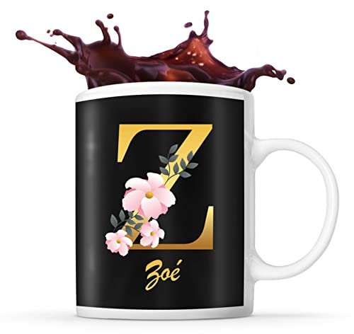 Planetee Mug Zoé | Tasse prénom femme fond noir avec Lettre fleur | Idée cadeau pour anniversaire noël et fête des mères