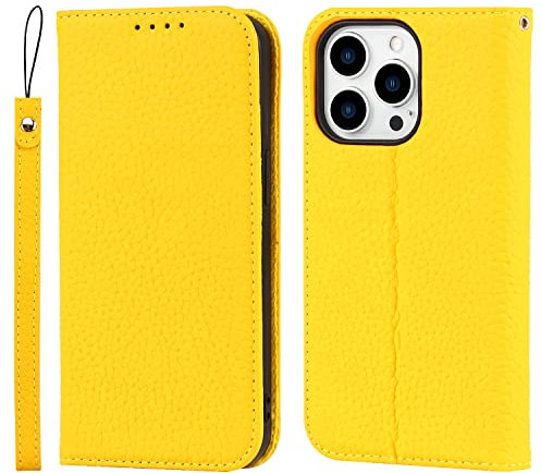 Cavor iPhone 14 Pro Max Case,Flip Genuine Leather Wallet Case,[4 Card Holders][Magnetic Closure][With Lanyard],Protective Phone Cover Case for iPhone 14 Pro Max - Yellow