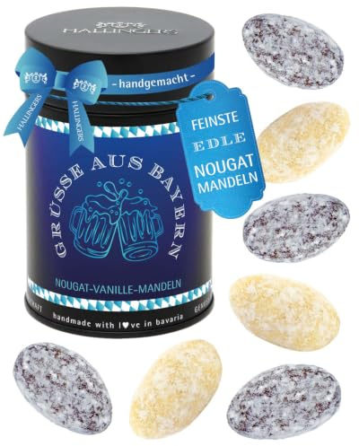 Hallingers Genuss Manufaktur Nougat-Mandeln Geschenk - von Hand in der Manufaktur schokoliert ohne Alkohol in der Geschenkdose Grüße aus Bayern, Geschenkidee für Frauen Männer