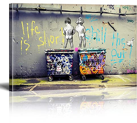 Banksy Bilder Life Is Short Banksy Wandbilder XXL Leinwand-Bild Graffiti Street Art Print Modern Bild für Wohnzimmer Büro fertig Home Wanddekoration zum Aufhängen Mit Rahmen（40×60cm）15.7×23.6 Zoll