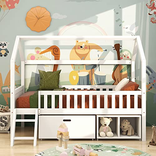 GBHJJ Hausbett Kinderbett Jugendbett 200x90 Mit Schubladen und Ablagefächern，Geeignet für Jungen und Mädchen，Mit Anti-Drop-Geländer, Weiß