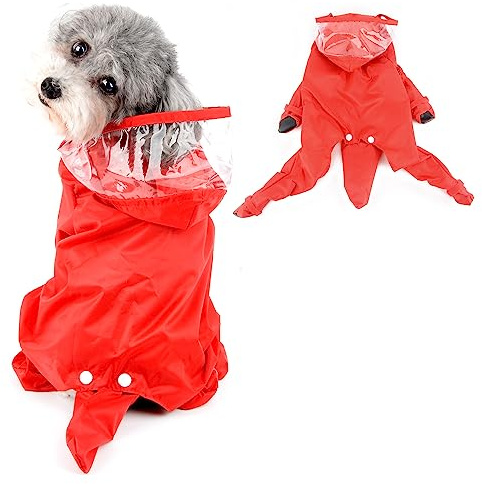 Ranphy Niedlicher Welpe Hund Regenmantel Vierbeinig Wasserdicht All-Inclusive mit Hut Regenjacke Kleine Hunde Solid Haustier Poncho Kleidung, Rot, L
