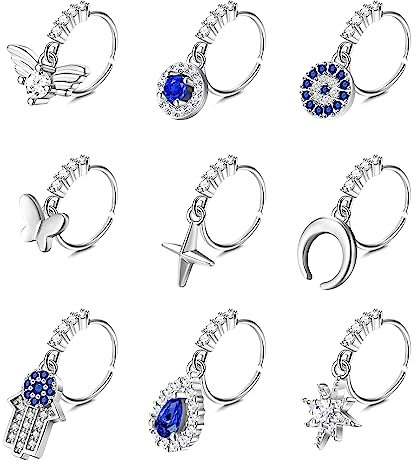 Dochais 9 Stück Nasenring Edelstahl, Nasenringe Nasenpiercing, Hoop Nose Ring, Helix Ring Set, mit Evil Eye Schmetterling CZ, Daith Septum Ringe, Hoop Ohrringe Septum für Damen Männer Silber 10mm 20G