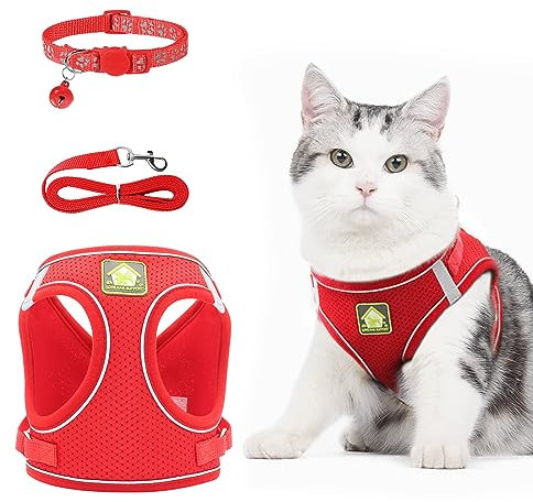 NeuWee Katzengeschirr mit Leine Ausbruchsicher, Katzengeschirr Leine Set mit Katzenhalsband, Katzenleine mit Geschirr für Katzen, Verstellbar Cat Harness für Kleiner Hund Große Katzen(L, Rot)
