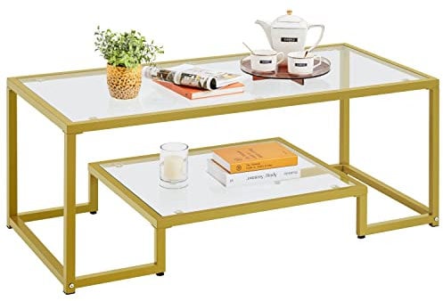 Yaheetech Couchtisch Kaffeetisch mit 2 offenen Ablagen Beistelltisch aus Hartglas und Metallrahmen Sofatisch Glastisch für Wohnzimmer/Terrasse/Balkon, 106 x 50 x 45 cm Senfgelb