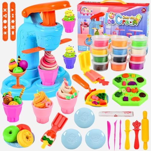Crelloci 34 PCS Ice Cream Play Color Dough Set, Dough Accessories with Ice Cream Maker Machine, Kitchen Creations Pizza Color Dough Play Sets for Kids Age 2+, Boys and Girls