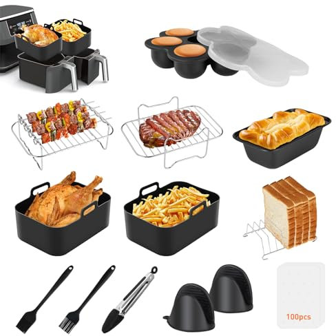 Air Fryer Accessories, Set of 10 for Ninja Air Fryer AF300UK AF400UK AF451UK /Tower T17088/Salter/Cookwise,Including Reusable Silicone Air Fryer Liner&Air Fryer Rack&Bread Pan&Mini Cake Mold (Black)