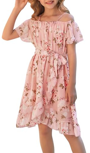 cenozo Robes Filles,Robe en Chiffon à Fleurs sans Manches,Robe d'été avec Sangle Réglable,Décontractée avec Manches Courtes en Forme de Feuille de Lotus pour Filles âgées de 6 à 14 Ans