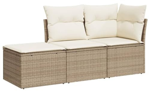 vidaXL Garten Sofa Garnitur 3-TLG., Gartenmöbel Set mit Kissen, Sitzgruppe für Garten Terrasse, Modular Gartensofa Hocker Lounge, Beige Poly Rattan