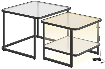 VASAGLE Couchtisch, 2er-Set mit LED-Beleuchtung, quadratischer Beistelltisch, modern, Milchglas, untere Ablage, für Wohnzimmer, Schlafzimmer, Büro, wolkenweiß-tintenschwarz LCT246B01