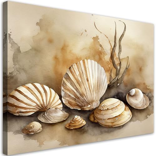 Feeby Wandbild - Wohnzimmer Modern Deko - Meer Beige Muscheln Acryl - 90x60 1tlg - Bilder Leinwand - Bild auf Leinwand Schlafzimmer - Leinwandbilder für die Wand - Canvas Painting - Fotokunst