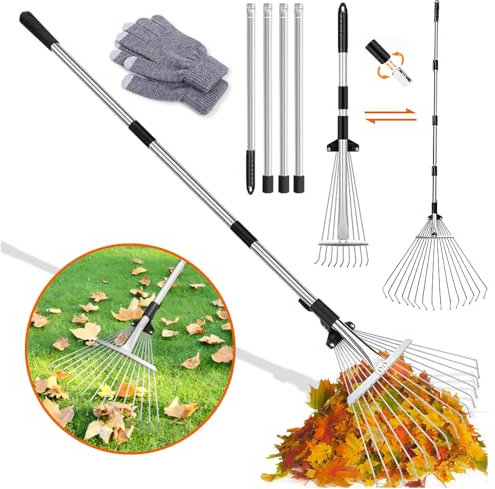 Rastrello da giardino con asta in metallo regolabile da 2,15 m, scopa a ventaglio in metallo, scomparti per foglie, rastrello per la pulizia di piante, prati e cortili