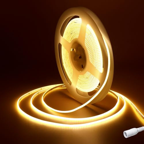 Fosingut COB LED Streifen 5m,DC12V LED Strip Warmweiss 3000k,480 LEDs/M CRI90+ Hohe Helligkeit Flexibel Band Lichtleiste Selbstklebend,2.7mm Stripes COB Bar,Küche,TV,Auto,Heim Decor(Nur Strip)