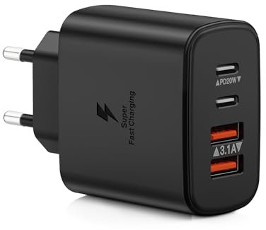 Cargador USB C, 40W 4-Puertos Cargador iPhone Carga Rapida, PD+QC Cargadar de Doble Puerto, Adaptador de Cargadar Múltiple Tipo C para iPhone 16 15 14 13 12 11 Pro MAX/XS/XR Teléfono Samsung Tableta