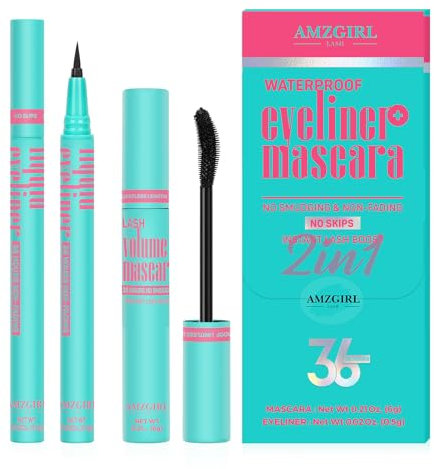 Set aus schwarzer Mascara und flüssigem Eyeliner, wasserfestes schwarzes Augen-Makeup-Set - Verschönern Sie Ihren Blick mit natürlichem, dauerhaftem Schwung für die Wimpern und pigmentiertem(V03)