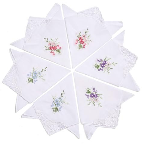 Bipl 6 Stück Damen Stoff Taschentücher, Vintage Spitze Taschentuch, 28 x 28 cm Baumwolle Taschentücher, mit Stickereien Blumenmuster und Spitze Schmetterling Kante (Weiß)