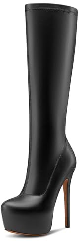 NobleOnly Donna Piattaforma Altezza Ginocchio Stivali Alto High Spillo Tacco Heel Chiusa Rotonda Punta Cerniera Ballo Feste Stivali 15 CM Heels Nero 38 EU