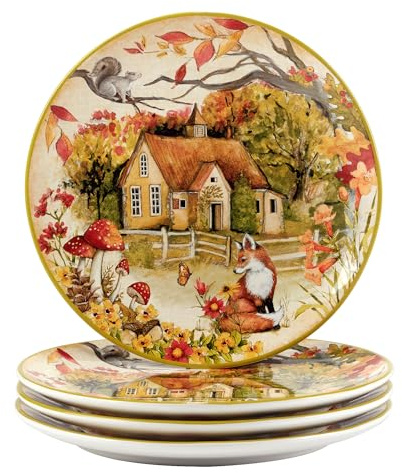 Woodland Critters Keramik-Speiseteller, 27,9 cm, 4 Stück, skurrile Waldtier- und Hütten-Szene – von der Natur inspiriertes Geschirr für Herbst, Kinderpartys, Urlaubsessen, Geschenke und rustikale
