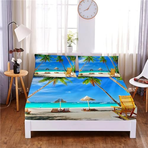 TACOKI 3D Hawaii Spannbettlaken 120x200cm, Hawaii Weiches Mikrofaser Bettlaken für Kinder, Bettlaken Spannbetttuch 120x200 bis 30 cm Matratzenhöhe mit 2 kissenbezüge c3195