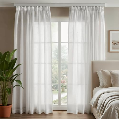 Deconovo Tende per Interni in Lino, 2 Pannelli 140x300 cm,Bianco Ottico | Semitrasparenti, Moderne ed Elegante, in Tessuto 10% Lino, con Fettuccia, per Soggiorno, Camera da Letto e Porta Finestra