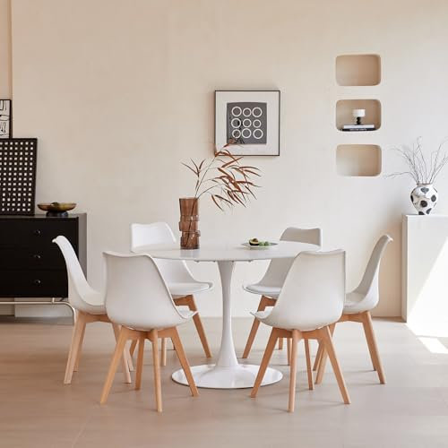 DEYARNA HOME Mesa de Comedor Redonda y 6 Sillas Comedor Apto para Comedor, Cocina, Salón, Oficina, Café, 6 Sillas Blancas et Table à Manger Blanche (Diámetro: 110cm, Altura : 75cm)