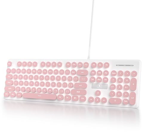 iRoboosta Full Size White Backlit Membrane Keyboard - 104 Keys Pink With Number Pad, Retro Typewriter Slim LED With Round Keycaps, USB Wired Quiet Computer (Pink)