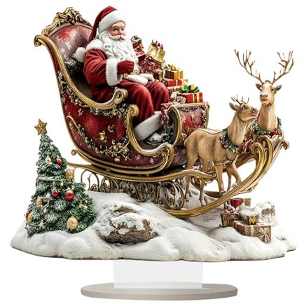 Generisch Szenerie Weihnachtsmann Im Schlitten Mit Rentieren, Weihnachtsmann Schlitten Und Rentier Anhänger,Weihnachts Rentier Tischstück, 2D Tischschild Mit Weihnachtsmannmotiv, 25cm