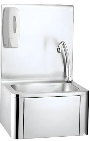 Lavamanos de Acero Inoxidable - Accionador de Rodilla - Dispensador de jabón - sin Contacto - Agua fría – Compacto