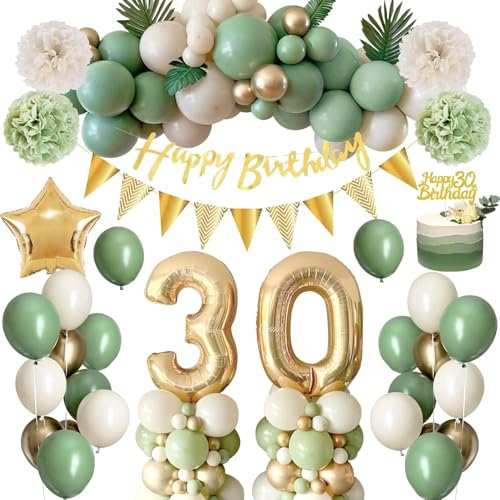 30. Geburtstag Deko für Frauen Männer, 63Pcs Salbei Grün Party Dekoration Set - 32Inch 30. Geburtstag Ballon, Star Folienballon, Grün Gold Weiß Luftballons, Banner, Cake Topper