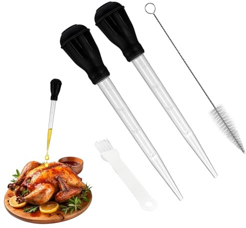 Lot de 2 Grandes Poires à Sauce avec Brosse de Nettoyage à Huile,tête Compte Gouttes en Caoutchouc TPR,Pipette Résistante à la Chaleur pour la Cuisson,Injecteur de Viande Marinage,Barbecue,Bœuf,Porc