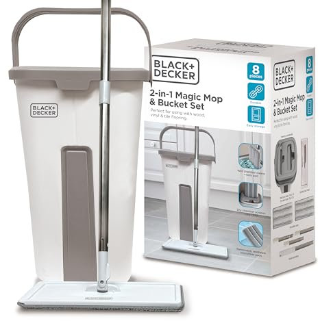 BLACK+DECKER Magic Mop with Bucket, Wet and Dry Chambers, 56 Handle, Washable Microfiber Pads