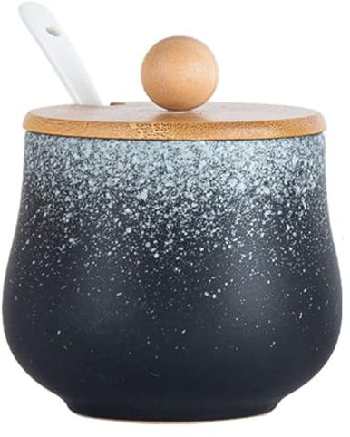 CvbGNJm Azucarero, azucarero, azucarero azul oscuro con tapa y cuchara, azucarero de cielo estrellado de estilo europeo, tarro de especias con bandeja