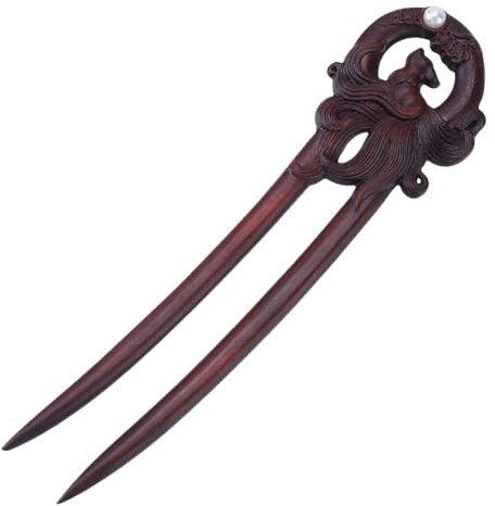 WEBEEDY Baguette à Cheveux en Bois en U forme Fourchettes à Cheveux faites à la main avec 2 dents Renard à Neuf Queues Epingle à Cheveux en Bois de Santal Baguettes à Cheveux Vintage,16.5x4.5cm(Rouge)