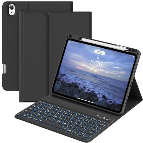 Keyboard Case for iPad Air 11-inch M4 (2026 ) / M3 (2025) / M2 (2024), iPad Air 5th (2022) / 4th Generation 10.9 Inch - 7 Colors Backlit Keyboard Cover with Pencil Holder, Auto Wake/Sleep, Black