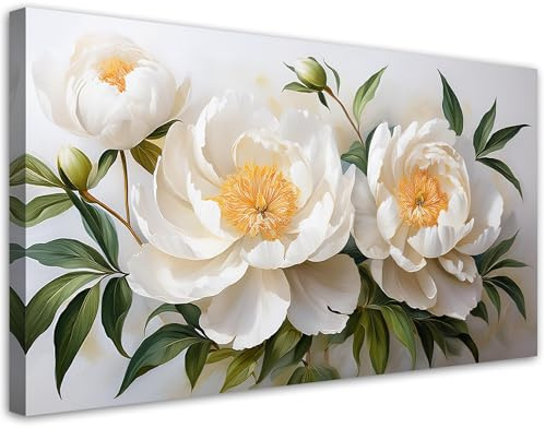 Feeby Leinwandbild - Bilder Wohnzimmer - Weiß gesteppte Pfingstrosenblüten - 80x40 1tlg - Deko Schlafzimmer - Wanddekoration - Aesthetic - Groß Moderne Bild - Foto auf Leinwand