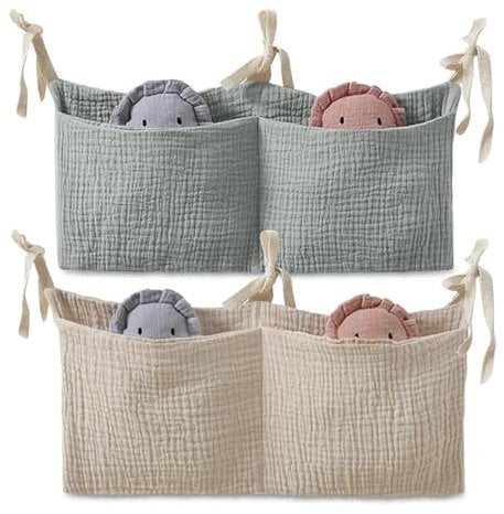 Organizer Lettino Neonato 2 Pezzi con Ganci – Portaoggetti Culla in Tessuto per Pannolini, Giocattoli, Accessori Neonato, da Appendere a Lettino, Fasciatoio, Salvaspazio e Decorativo