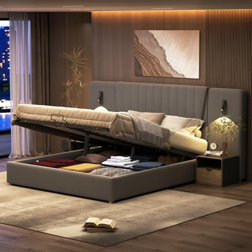 Polsterbett 180x200cm, Boxspringbett mit hydraulisches Bettkasten, Bett mit Lattenrost, Leselicht mit USB Ladefunktion Kopfteil, Stauraumbett Doppelbett Jugendbett,Grey