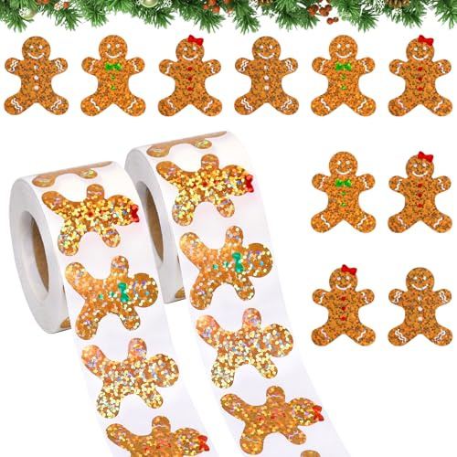 1000 Stück Aufkleber Weihnachten, Weihnachtssticker, Weihnachten Sticker, Weihnachtsaufkleber Selbstklebend, Glitzer Lebkuchenmann Aufkleber Rolle, Geschenkaufkleber, Geschenk Weihnachtsdeko