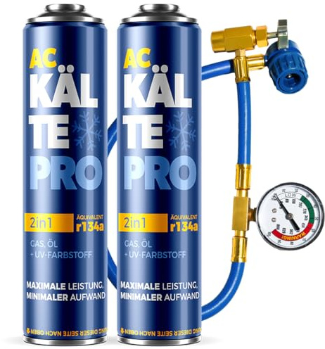KÄLTEPRO Ricarica Clima Auto R134a Fai da Te - Gas Refrigerante con Olio Lubrificante - Kit 2-in-1 per Climatizzatore Auto 1995–2016- Equivalente a 755g di Gas R134a