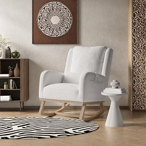 Lodera Schaukelstuhl weiß aus Teddy-Samt – Bequemer Schaukelstuhl mit Beinen aus Massivholz, eleganter und kuscheliger Schaukelsessel für Wohnzimmer oder Schlafzimmer (weiß)