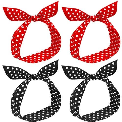 TRKETK 4 Pieces Polka Dot Headbands, Twist Bow Wired Headbands Cute Polka Dots Bow Headwrap Vintage Red Black Boho Hairband Wire Headwrap Hair Accessories for Girls Ladies Women