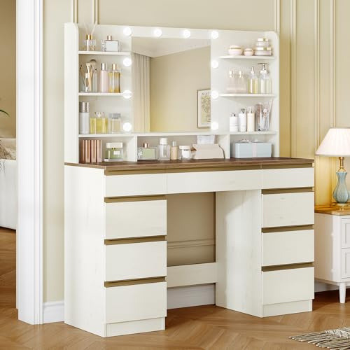 Hzuaneri Dressing Table with Light, Large Mirror Vanity Desk, White Brown | Vanity Table with 1 Large Drawer and 8 Small Drawer Cabinets, Adjustable Brightness, 9 Open Storage Areas, 108 cm Desktop