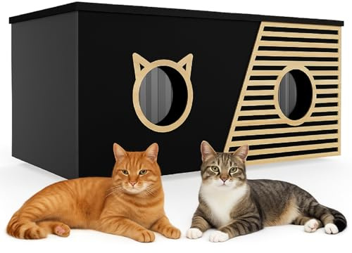 QLS Katzenhaus Outdoor XXL isoliert mit Vorhang 85 x 45 cm Schwarz | Maße 85 x 45 x 37,5 cm mit Eingang Ø 12,7 cm. Wettergeschützter Rückzugsort für Katzen im Außenbereich, inklusive Vorhang
